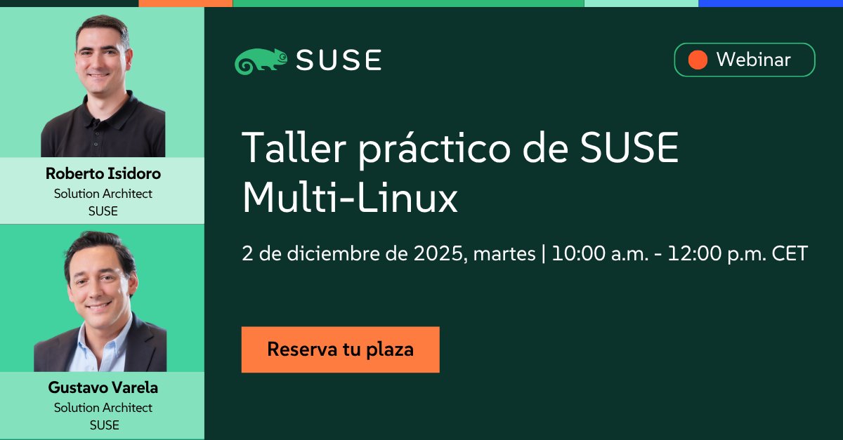 geek_linux_Tony's tweet image. ¿Costes 💸 y complejidad 🧩 en tu entorno Linux? ¿Soportes que terminan?⏰
¡Toma el control! Taller Práctico GRATIS de SUSE Multi-Linux.
Aprende a migrar sin reinstalar 🔄, ahorrar costes 💰 y gestionar todo tu parque (multi-&apos;distro&apos;) desde 1 consola 🖥️.
🔗okt.to/W6sgU7