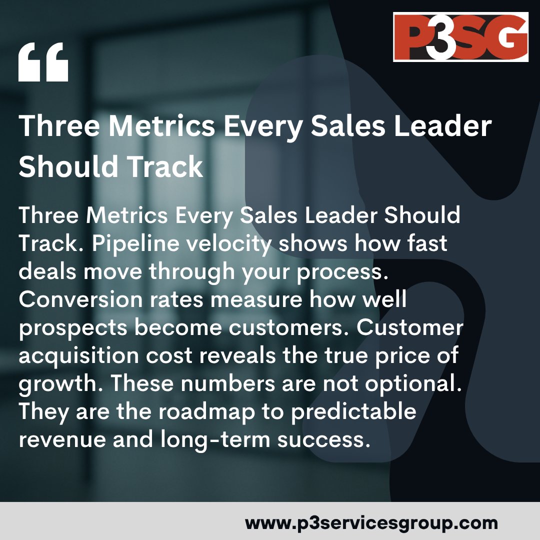 P3sgLLc's tweet image. Three metrics every sales leader must track: pipeline velocity, conversion rates, and customer acquisition cost. These numbers guide smarter decisions for predictable growth.
#SalesLeadership #SalesMetrics #SmartGrowth