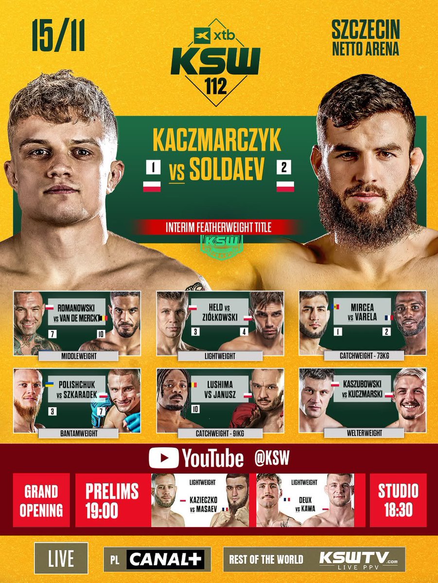 #KSW112 goes down this Saturday with the a fantastic bout between Kaczmarczyk and Soldaev. Tommy Romanowski is back to wow the hometown crowd, Held and Ziółkowski face off, plus much much more to look forward to. West Pomerania, let’s have it!

My preview
severemma.com/2025/11/ksw-11…