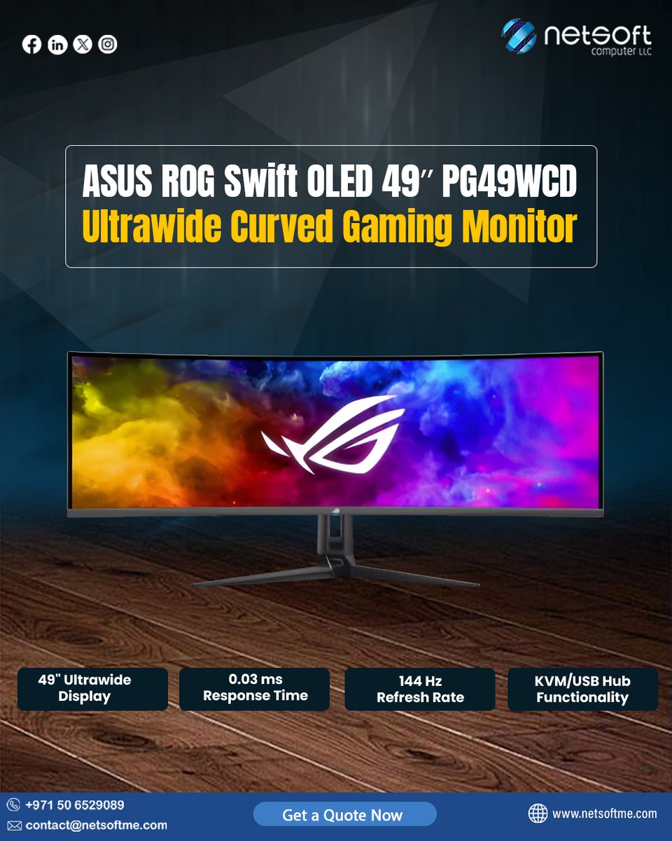NetsoftComputer's tweet image. ASUS ROG Swift OLED 49″ PG49WCD Ultrawide Curved Gaming Monitor

✔️49&quot;&quot; Ultrawide Display
✔️144 Hz Refresh Rate
✔️KVM/USB Hub Functionality
✔️0.03 ms Response Time

📞 Contact us: +971 50 6529089
🌐 Visit our website: netsoftme.com

#NetsoftComputerLLC #gamingmonitor