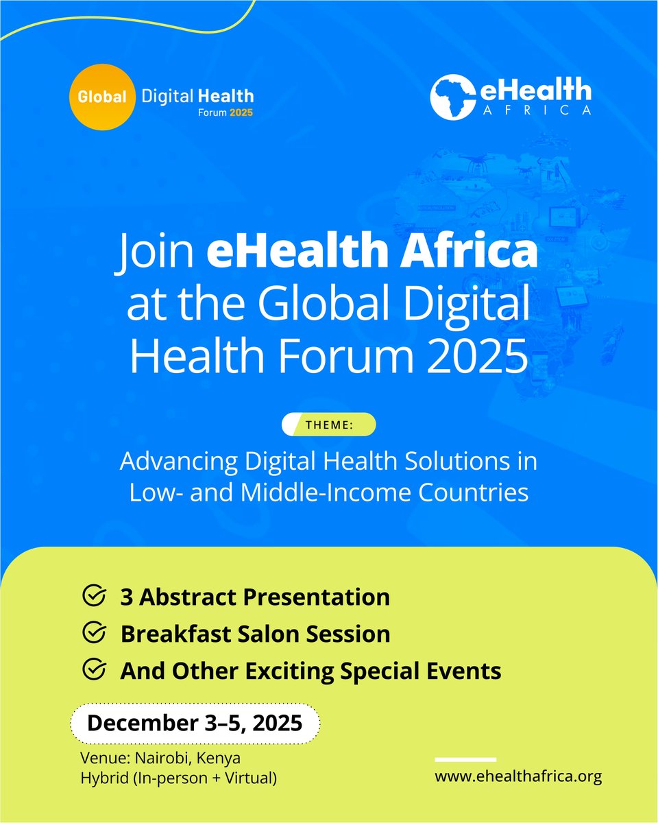 eHealth_africa's tweet photo. 🌍 Excited to announce that @eHealth_africa is heading to #GDHF2025 in Nairobi!

From Dec 3–5, we’ll join global leaders exploring digital health solutions for LMICs, sharing our work, learning from peers, and building partnerships that strengthen health systems across Africa. https://t.co/SKUKb0t2gQ