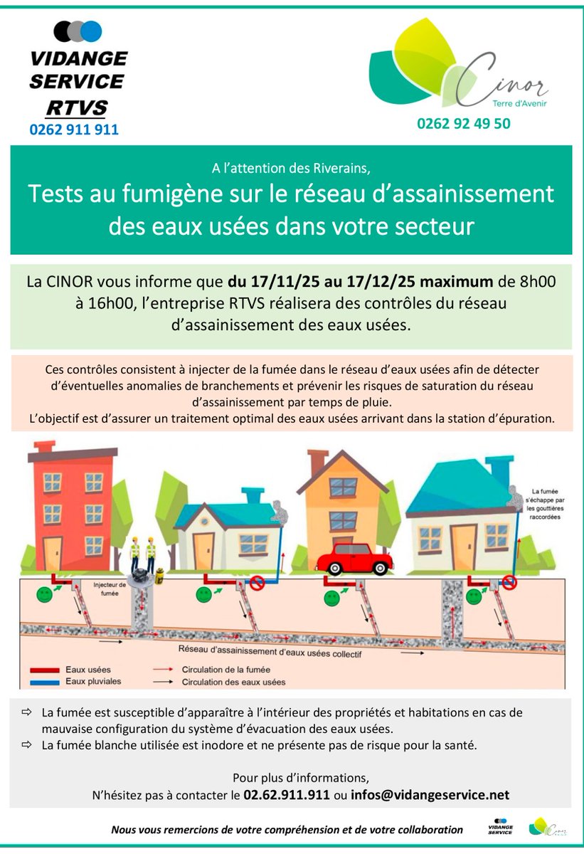 #Cinor [ Terre Durable ] #Travaux
Campagne de tests au fumigène – Réseaux d’assainissement📍 Montgaillard, Colline des Camélias, pour identifier d’éventuelles anomalies sur les réseaux afin d’améliorer leur fonctionnement et prévenir les risques d’infiltration ou de débordement