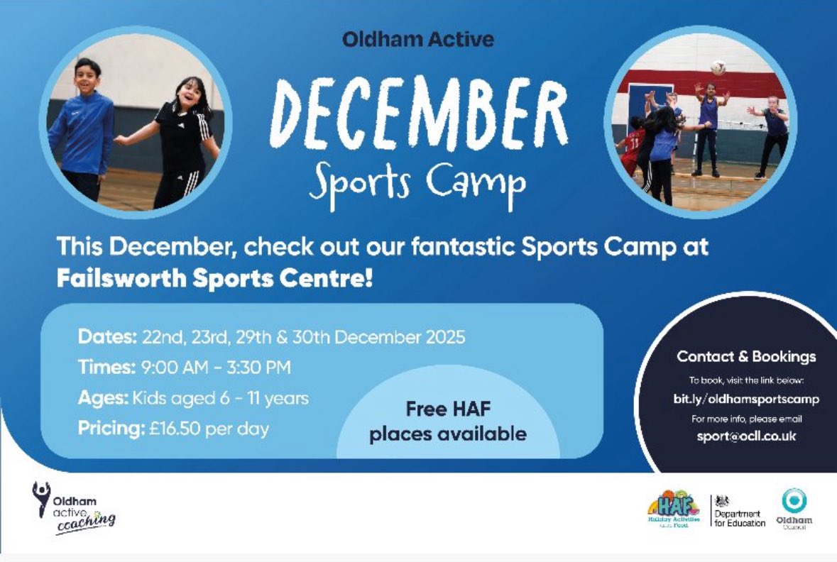 OACoaching's tweet photo. Keep active over the winter break with one of our holiday camps. 

Swim 🏊‍♀️ 
Sport 🏏 
Gymnastics 🤸‍♀️ 

Bookings can be made at:

https://t.co/U5SDqzKXqH

#OldhamHAF https://t.co/MquAp9WWnN