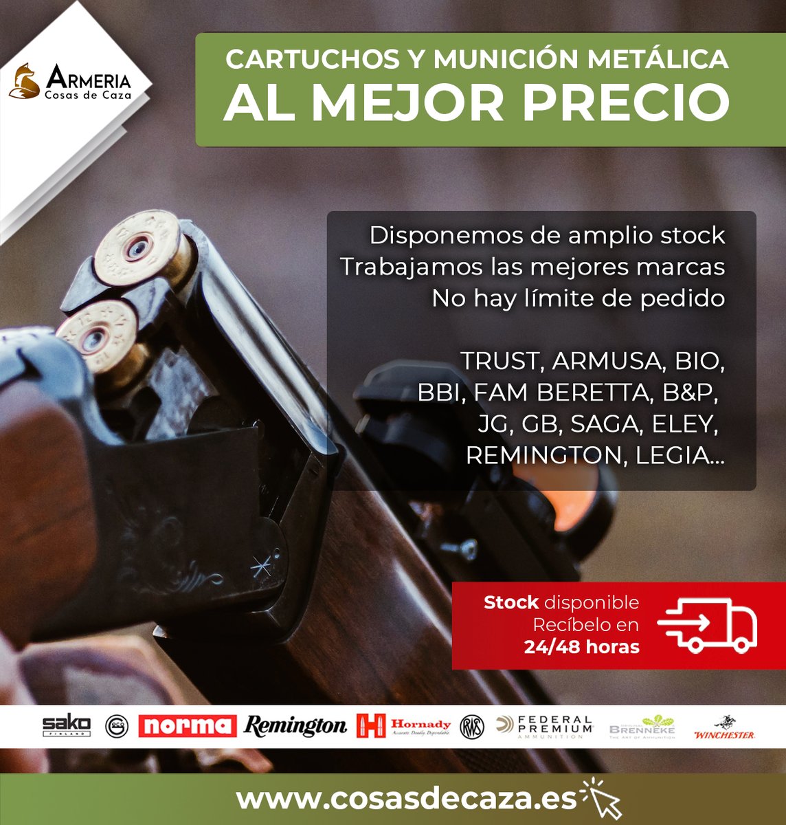 ArmeriaCodeCa's tweet image. ¡Cartuchos y munición metálica al mejor precio! 🦆🐗
✅ Amplio stock de las mejores marcas: TRUST, ARMUSA, REMINGTON, WINCHESTER y más.

👉🏼 bit.ly/3UXYnEq

☎️ 948 346 747
📦 Entrega rápida en 24/48 horas.
📍 Sin límite de pedido

#Caza #Cartuchos #Munición #Cazadores