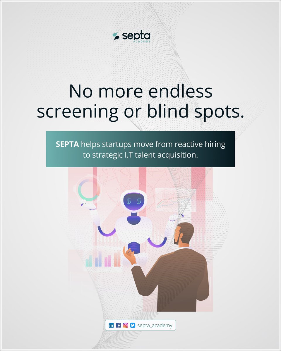 septa_academy's tweet image. Great startups aren’t built on ideas alone, they’re built on the right people. Hiring the wrong team can slow growth, cost time, and even sink your startup. Septasoftware helps startups move from reactive hiring to strategic I.T talent acquisition. #SeptaSoftware #HiringSolution