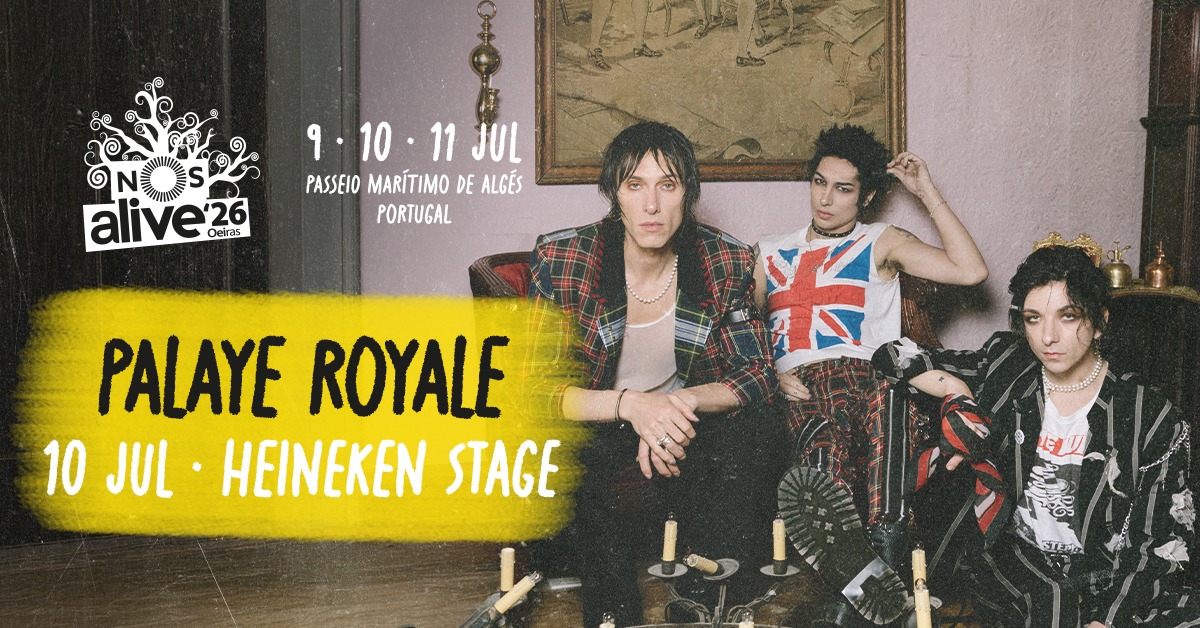 ticketlinept's tweet image. Palaye Royale no NOS Alive’26 🫡 
Dia 10 de julho no Palco Heineken.

🗓️ 9, 10 e 11 de julho
📍 Passeio Marítimo de Algés, Lisboa

🎟️ Bilhetes à venda em ticketline.pt.

#ticketline #nosalive #palayeroyale