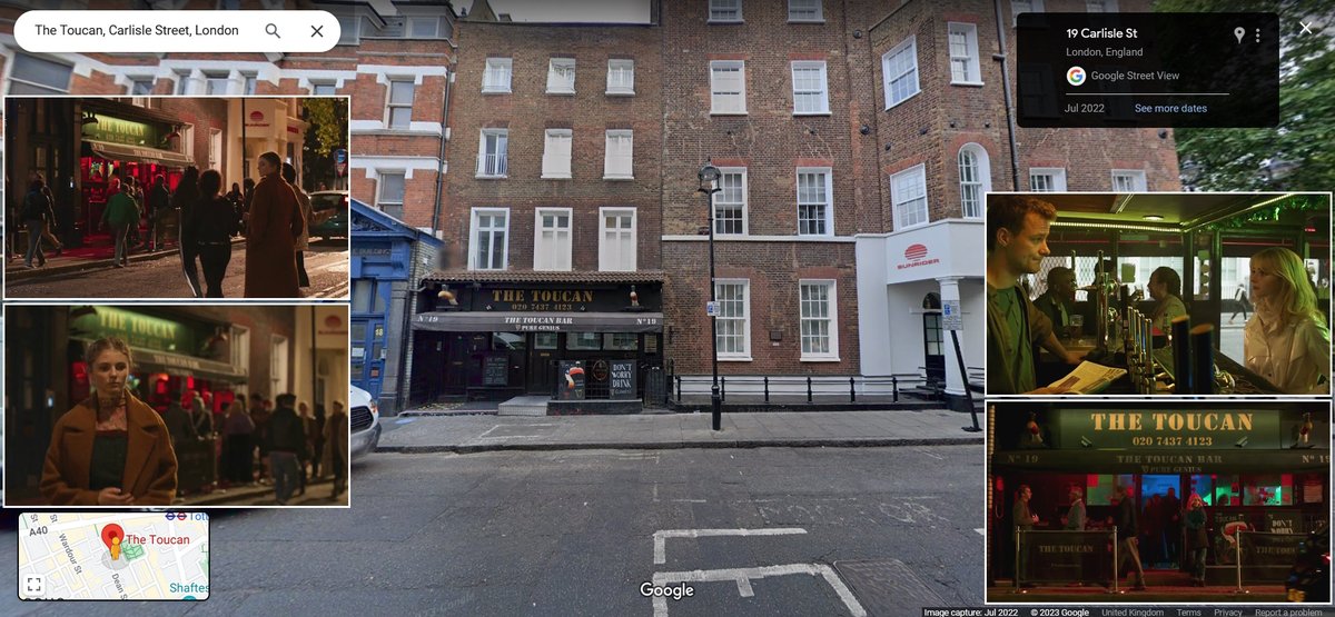 FilmPhonic's tweet image. London #FilmLocations: 19 Carlisle St, W1D 3BY- In 2021's 'Last Night in Soho' Eloise (Thomasin McKenzie) frequents and then works at The Toucan pub where part of the film’s narrative unfolds, which was largely shot at the genuine Irish boozer just off Soho Square Gardens.