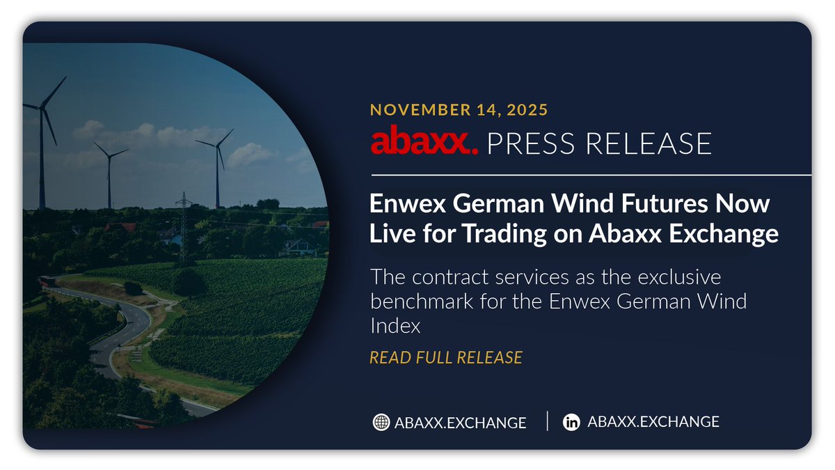 abaxx_exchange's tweet image. Trading has commenced in Enwex German Wind (GWM) Futures, the first product in Abaxx Exchange’s new suite of weather derivatives.  

The contract serves as the exclusive benchmark for the Enwex German Wind Index.  

Read Release
abaxx.exchange/newsroom/press…