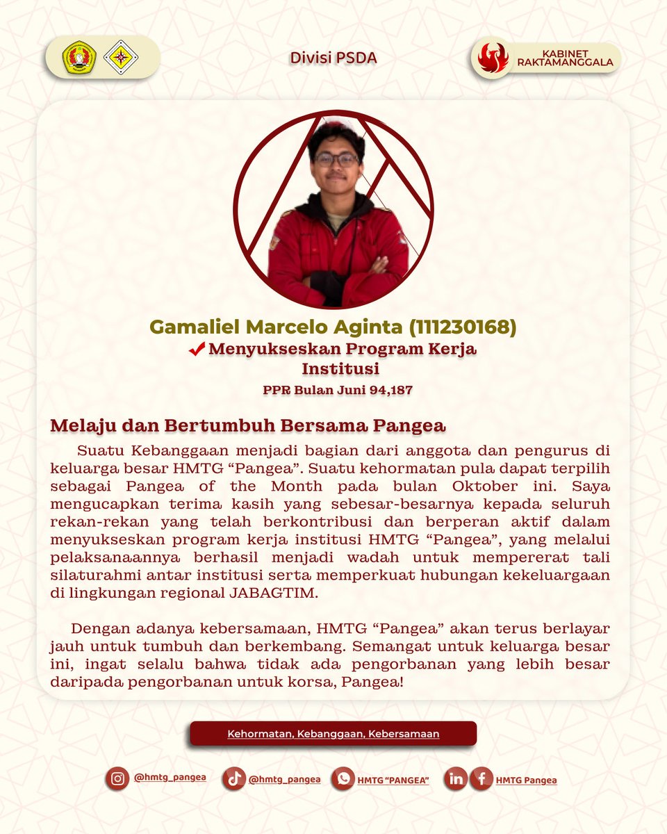 [PANGEA OF THE MONTH]

Salam Pangeaku!!

Himpunan Mahasiswa Teknik Geologi “Pangea” memberikan apresiasi kepada:

Ananda Agung Prasetyo (111230154)
Gamaliel Marcelo Aginta (111230168)

Kehormatan, Kebanggaan, Kebersamaan

Salam,
HMTG “Pangea”
Kabinet Raktamanggala