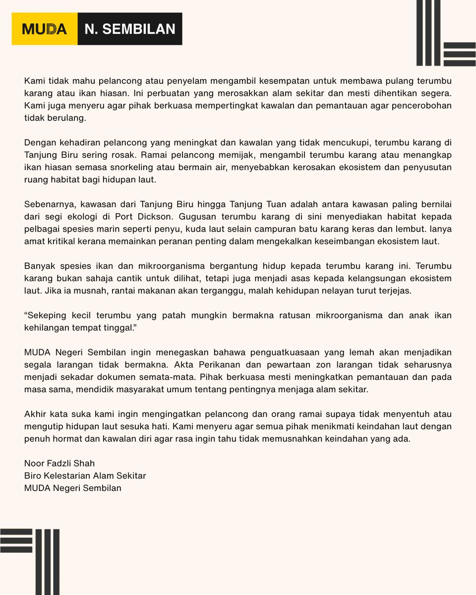 KENYATAAN MEDIA

Khazanah Laut Dinoda

Noor Fadzli Shah
MUDA Rasah
Biro Kelestarian Alam Sekitar MUDA Negeri Sembilan