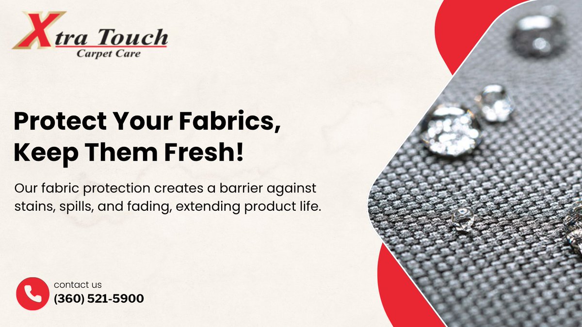 TouchXtra's tweet image. Spills happen — but stains don’t have to! 🙅

Our effective treatment shields your upholstery from damage &amp;amp; everyday wear. 🛡️✨

Reach out to us today!

📞 (360) 521-5900
🌐 xtratouchcarpetcare.com/fabric-protect…

#XtraTouchCarpetCare #FabricProtection #StainResistant