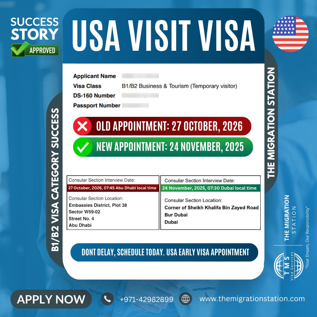 TheMigrationSt's tweet photo. 🎉 Success Story Alert! ✨

 Our client secured an early USA visa appointment 🇺🇸💼 Avoid long waits with expert guidance from The Migration Station. Act now &amp; get your visa prepared professionally!

📲 +971-42982899 | 🌐 https://t.co/l35dsZNYxK

#VisaSuccess #ImmigrationExperts https://t.co/YNRjAptneg