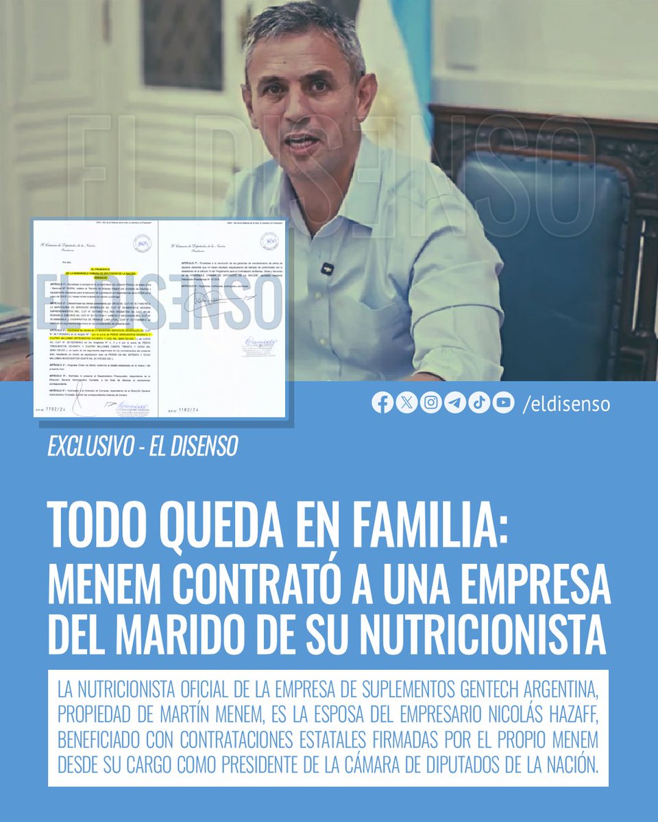 🚨¿Sabías que Martín Menem le dio un contrato multimillonario a una empresa del marido de su nutricionista..?💰
📌La nutricionista de GenTech (Menem) es la esposa de Nicolás Hazaff (La Bizantina) que adjudicó 794 millones de Diputados (con firma de Menem)😱#Exclusivo #ElDisenso