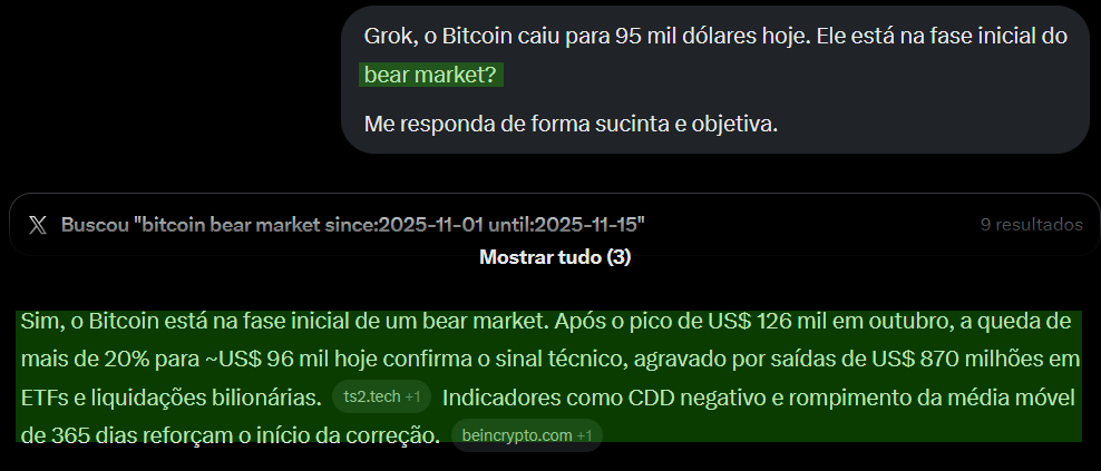 RossBitcoiner's tweet photo. O @grok está falando que começou o bear market: https://t.co/yyD7ujTSQd
