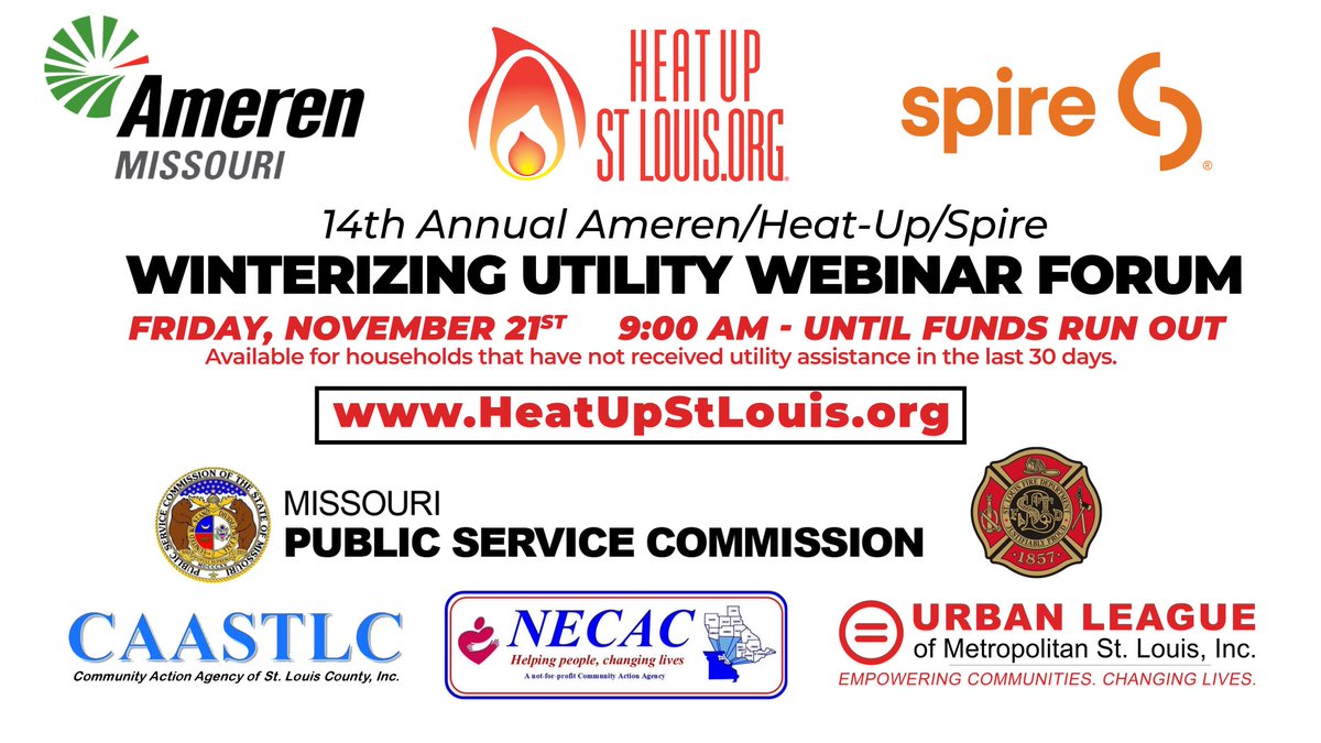 ⁦<a href="/AmerenMissouri/">Ameren Missouri</a>⁩ &amp; <a href="/spire_energy/">Spire</a> donate $400,000 for 1 day to the 14th <a href="/HeatUpSTL/">HeatUpStLouis.Org</a> Winterizing Utility Webinar Forum next week, NOV 21st at 9AM, until all funds are exhausted. We share $$ with STL County, St.Charles County and STL City partners. TYVM! #ShareInfo