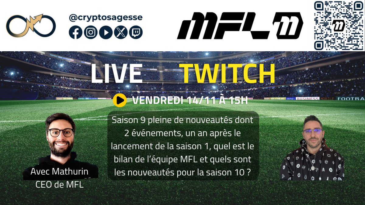 cryptosagesse's tweet photo. Hello tout le monde et notamment les @playMFL players, on se retrouve à 15h avec @Cazzaa12 pour parler de cette saison 9 forte en nouveautés, faire le bilan 1 an après le lancement de la 1ère saison et bien évidemment on va essayer d'aller chercher les petits scoops et toutes les nouveautés à venir. A toute à l'heure sur Twitch https://t.co/ImoC0ZH585