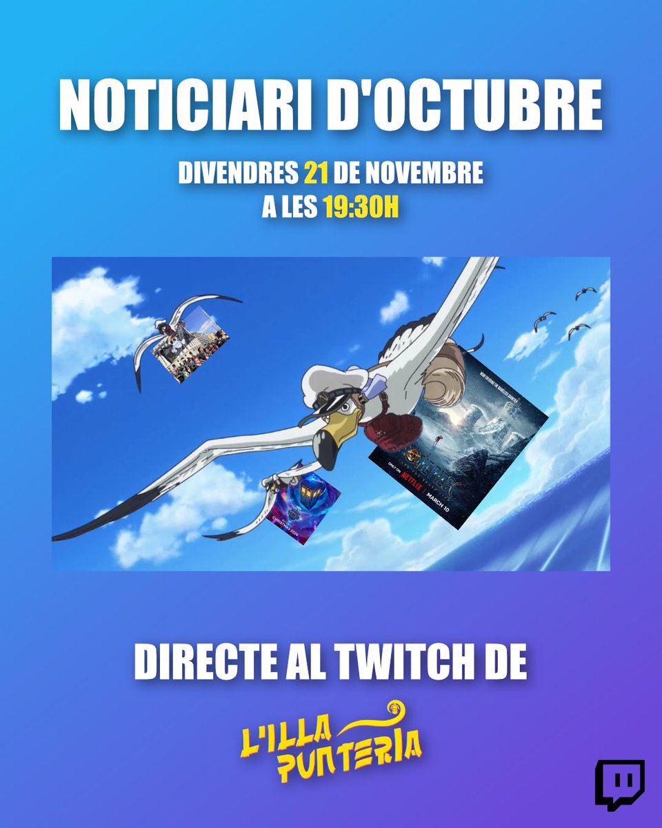 🟣Anunci de directes🟣

La mudança s'ha acabat i tornem a la càrrega! 

19/11 🟣 - Comentari dels capítols 1152-1165 del manga

21/11 🟣 - Noticiari d'octubre

A més, podreu veure el nou escenari de L'illa Punteria i us presentarem un nou integrant del pòdcast! Us ho perdreu?