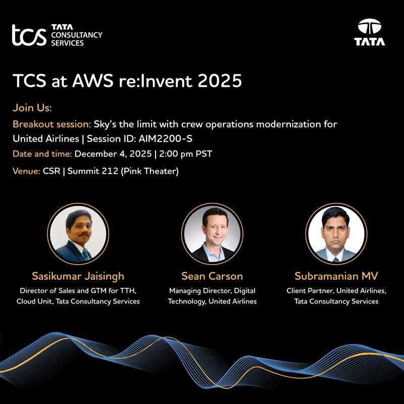 TCSDigitalTech's tweet image. Reimagining customer experiences with unified #data and #AI innovation on #cloud.

At #AWSreInvent, discover how United Airlines, @TCS and AWS are transforming crew ops for speed, reliability &amp;amp; smarter decisions.

🔗 Learn more: lnkd.in/gsYBsnJ6 #reInvent