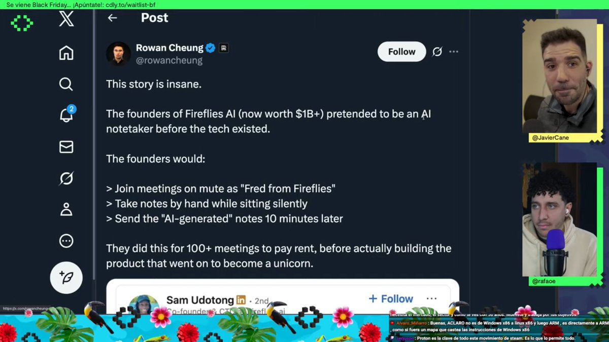 soy_capo's tweet image. Me entero vía @CodelyTV de un salseo fino. ¿Conoces Fireflies AI, la aplicación que se conecta a tus &quot;Zooms&quot; y toma notas por ti? Sus fundadores ofrecían el servicio antes de que la tecnología funcionase. ¡Se hacían pasar por la IA y tomaban ellos las notas! 🔥