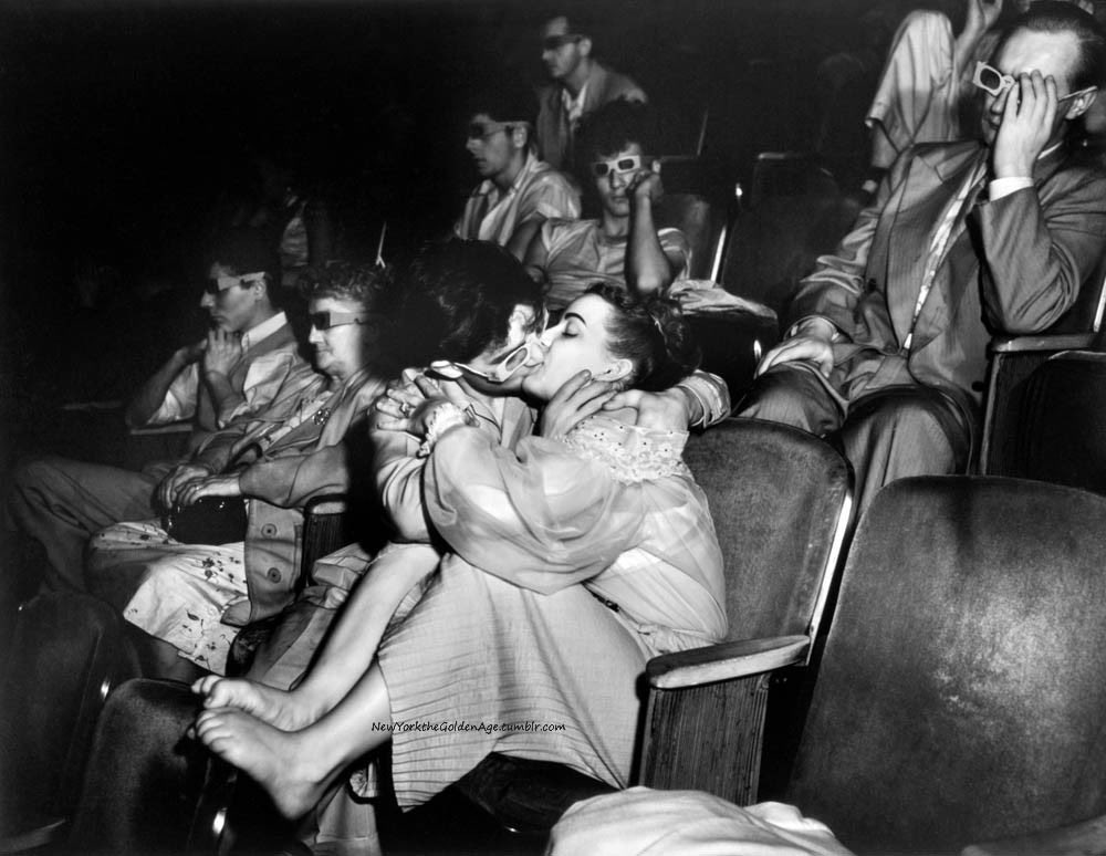 Even the prospect of a 3-D movie didn't divert these lovers at the Palace Theater, 1945.

Photo: Weegee/Int'l Center of Photography via Magnum Photos
