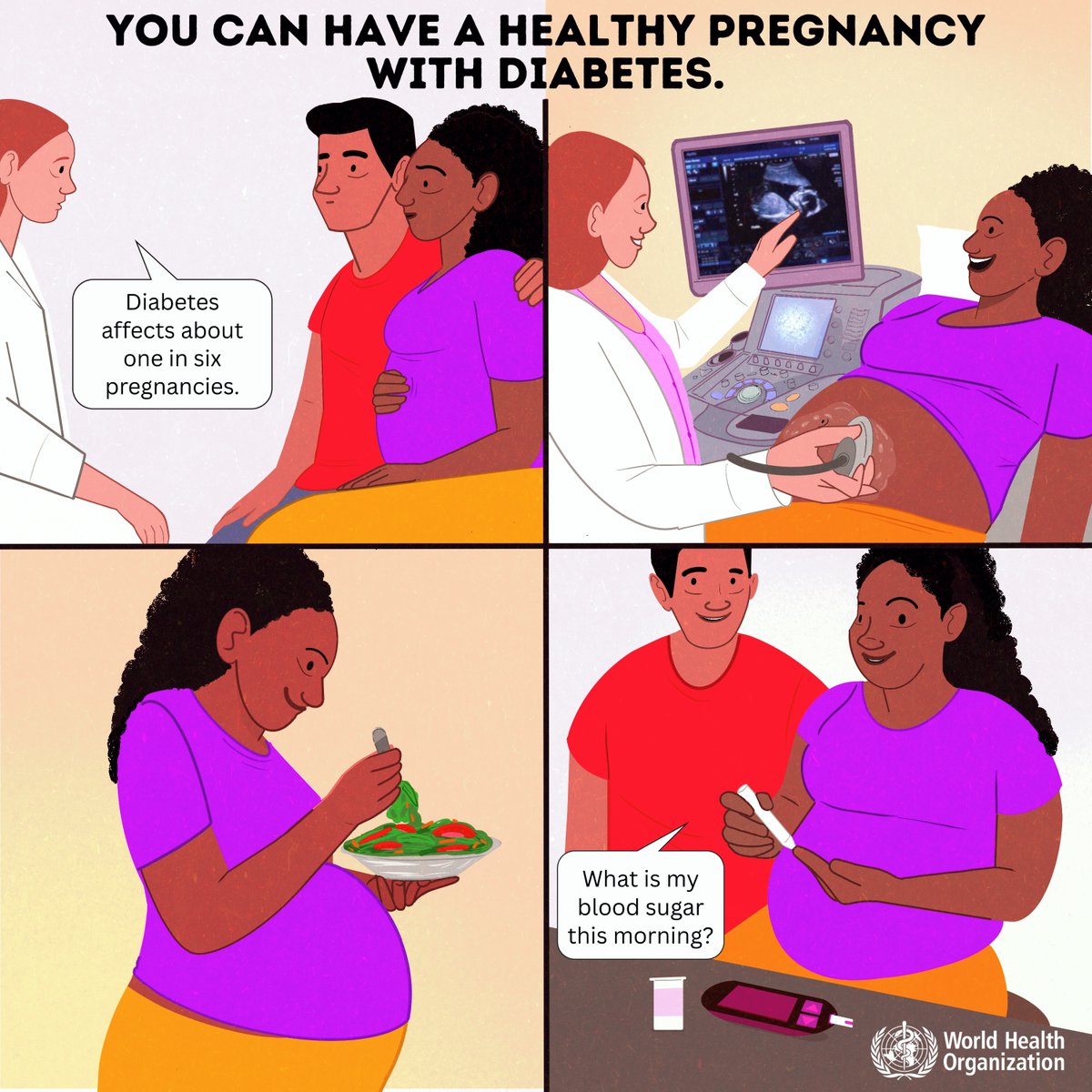 Managing #diabetes during pregnancy is key to a healthier future for you and your baby.

The WHO’s new global guideline recommends:
🥗 personalized nutrition
🧘‍♀️ safe physical activity, including resistance exercise and stretching
🩸 blood sugar monitoring

Ask your doctor for a