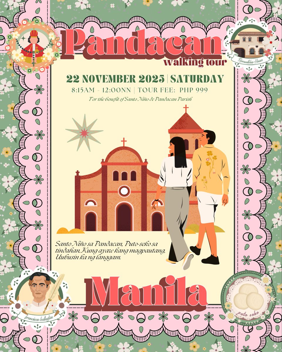 Pandacan Heritage Walking Tour 🚶🏻‍♂️

22 November 2025 | 8:15 AM to 12 NN
Register here: tinyurl.com/PANDACANTOUR

JOIN US for this unique heritage walk! Experience a Manila that feels warm, soulful, and genuinely surprising.