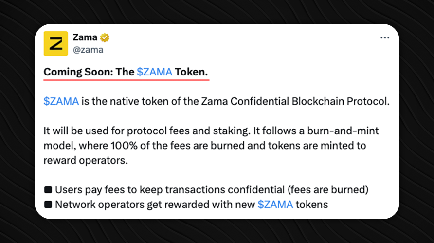 CryptoScarborn's tweet photo. 🔥 Zama Token is Coming Soon!

@zama has officially confirmed that $ZAMA, the native token of the Zama Protocol, is on the way.

And it actually has real utility 👇
✅ Protocol fees
✅ Staking to secure the network
✅ Powering FHE across multiple chains

💡Tokenomics still not out… but the privacy economy is getting real 👀
#ZamaCreatorProgram