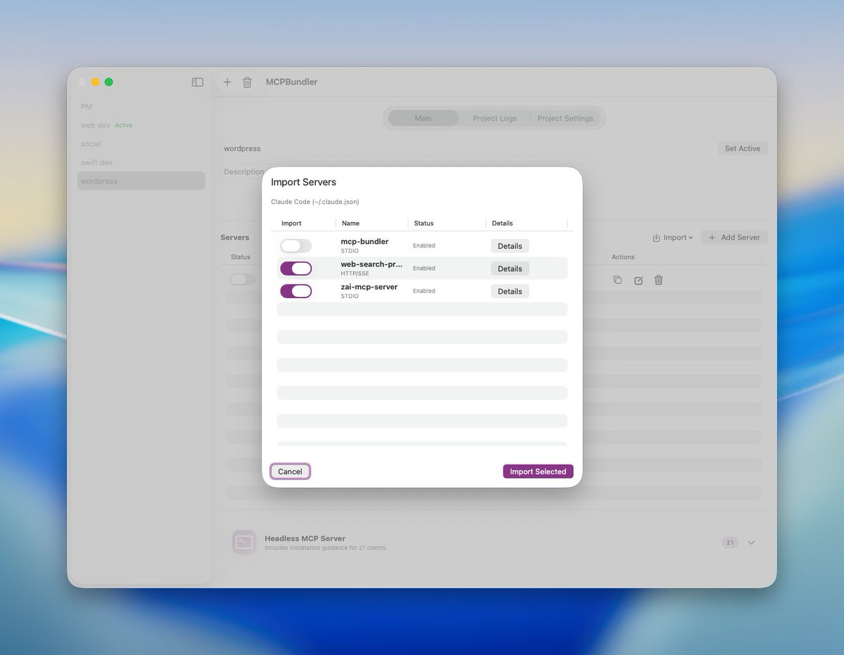 selfhosted_ai's tweet image. New #MCPBundler release is out.

🚀 Updates roundup:
- One-click quick-import for all clients
- Guided JSON paste-import with live preview
- Optional MCP tool hiding for cleaner contexts
- Save-to-file oversized responses for heavy MCP outputs