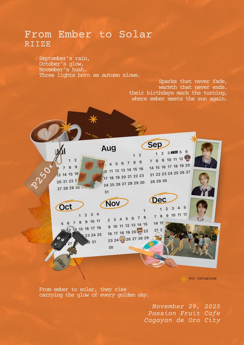 RIIZECDO's tweet photo. 🍁As autumn fades, join us to celebrate Sungchan, Sohee & Shotaro on Nov 29 at Passion Fruit Café.
With @NeoCTzenCDO's Chenle and Sakuya, we’re turning ember to solar one glowing night.
Details drop tomorrow. ✨🌙
#RIIZE #라이즈 #FromEmberToSolar #BRIIZE #AutumnToChristmas https://t.co/aa7VLCuLrJ