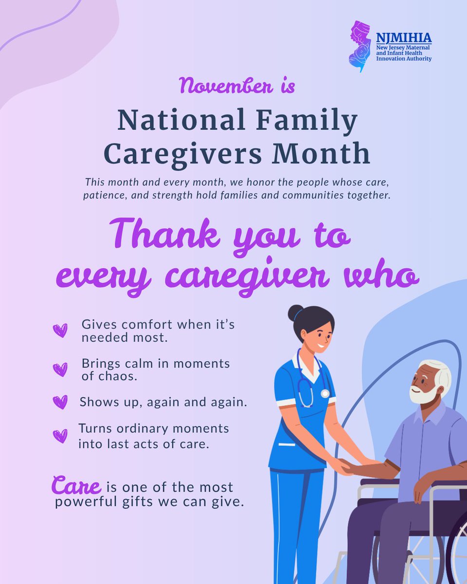 To every caregiver, thank you. 💜

You bring comfort, calm, and strength that hold families together. This month, we celebrate National Family Caregivers Month and honor the heart behind every act of care.

Learn more 👉 acl.gov

#NJMIHIA #MaternalHealth #NFCmonth
