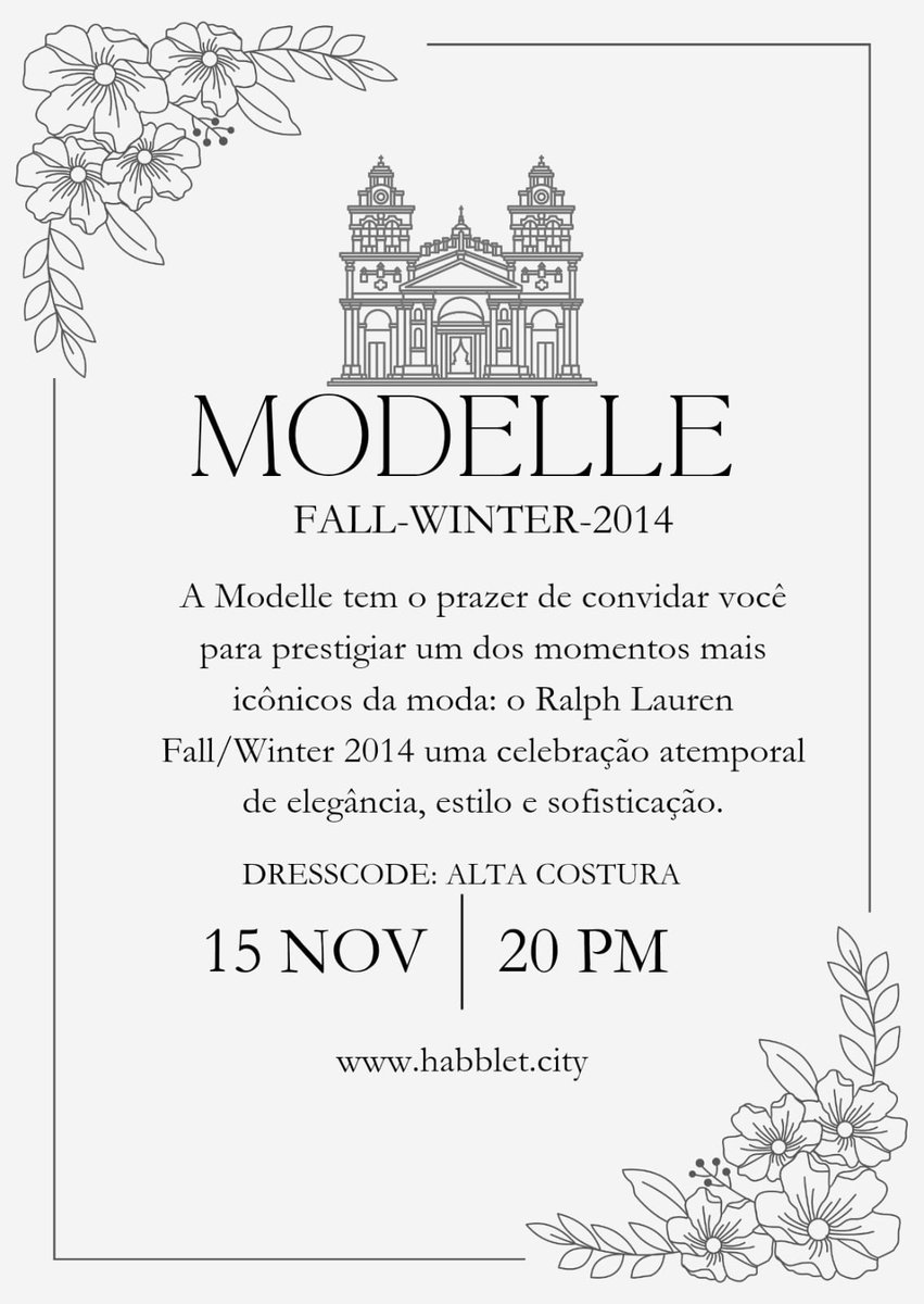 ModelleHB's tweet image. MODELLE FALL WINTER 2014 🤍

Uma soirée dedicada ao charme, ao estilo e à atmosfera que só a moda pode criar.

Dia: 15/11
Horário: 20:00 (BR) • 23:00 (PT)
Dresscode: Alta Costura
Local: Hotel Habblet