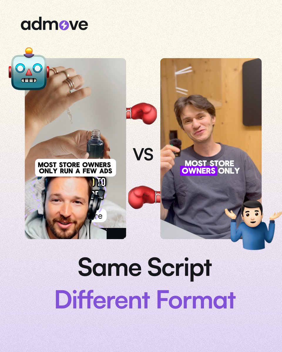 AdMove_AI's tweet image. Don’t be afraid to run only AI ads.

We did. Same script, same message.
One human ad. One fully AI.

The AI version performed better.
📈 +21% engagement
💸 +17% sign-ups
💬 People said it felt clear and modern.

bit.ly/3IYj8y7