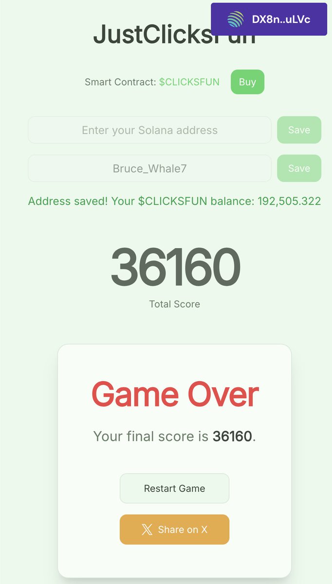 Bruce_Whale7's tweet image. I scored 36160 points in justclicks.fun! 🟢
Can you beat me? 😎

@JustProjectsFun #JustFun #JustClicksFun #ClicksFun #Memecoin #Crypto #PumpFun #Solana #REWARDS14112025 #HOLDERSCLICKSFUN

justclicks.fun/api/og?score=3…