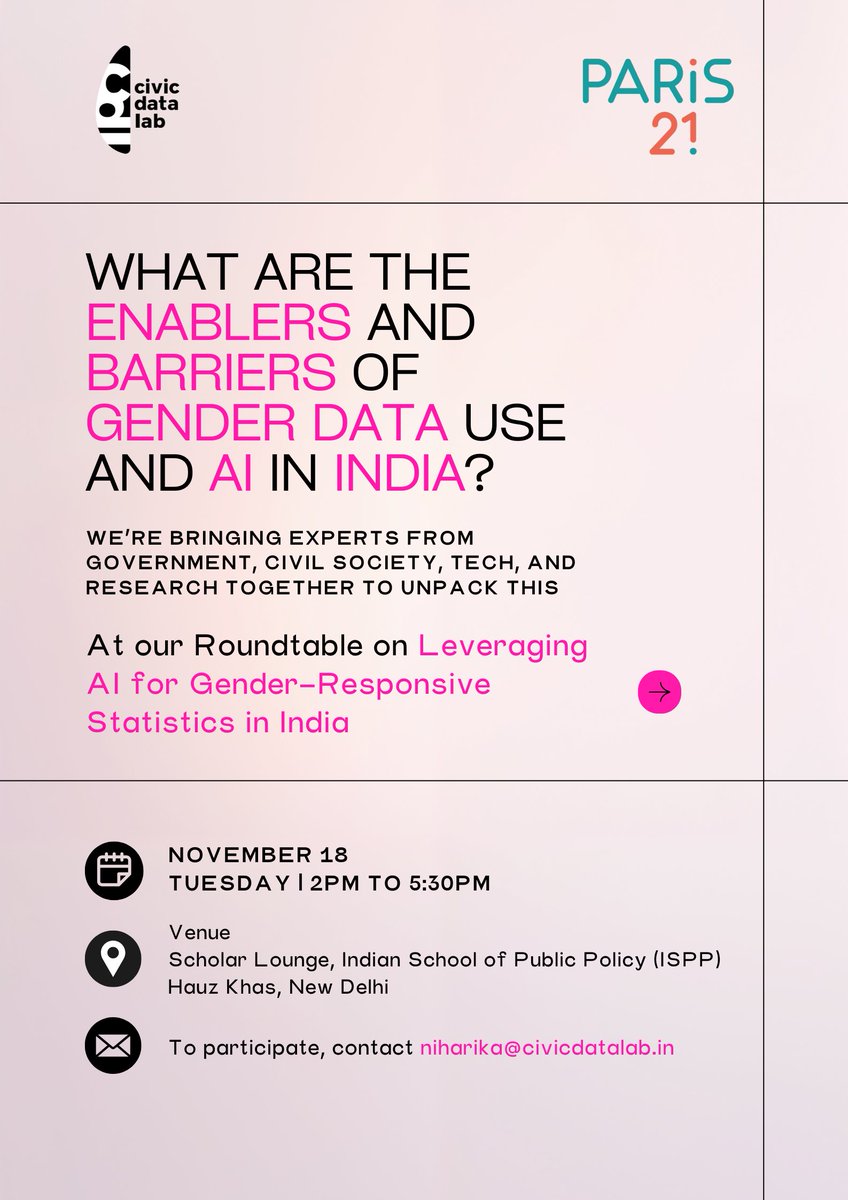 CivicDatalab's tweet image. India is building a stronger #genderdata ecosystem, yet challenges around access, usability, &amp;amp; translating data into policy remain.

“Leveraging #AI 4 Gender-Responsive Statistics in India”, co-hosted w/ @contactparis21, @the_oecd,Nov 18&apos;25 @ Scholar Lounge, @ispp_edu, #NewDelhi,