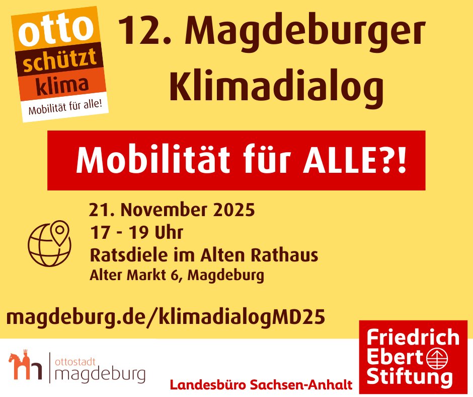 🚲🌍 12. Magdeburger #Klimadialog am 21. November um 17 Uhr im Alten Rathaus: Mit Verkehrswendeexpertin Katja Diehl und Gästen aus <a href="/ADAC/">ADAC</a>, #VCD und #wirfahrenzusammen. Einlass ab 16:30 Uhr. Teilnahme kostenlos, Anmeldung empfohlen.

👉 Infos &amp; Anmeldung:  fes.de/landesbuero-sa…