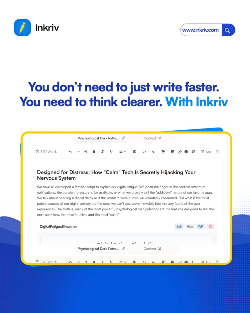 useinkriv's tweet image. Using @useinkriv workspace helps you slow down, see your ideas clearly, and draft pieces that truly resonate with your audience. #AI #inkriv #writingtools #contentcreator