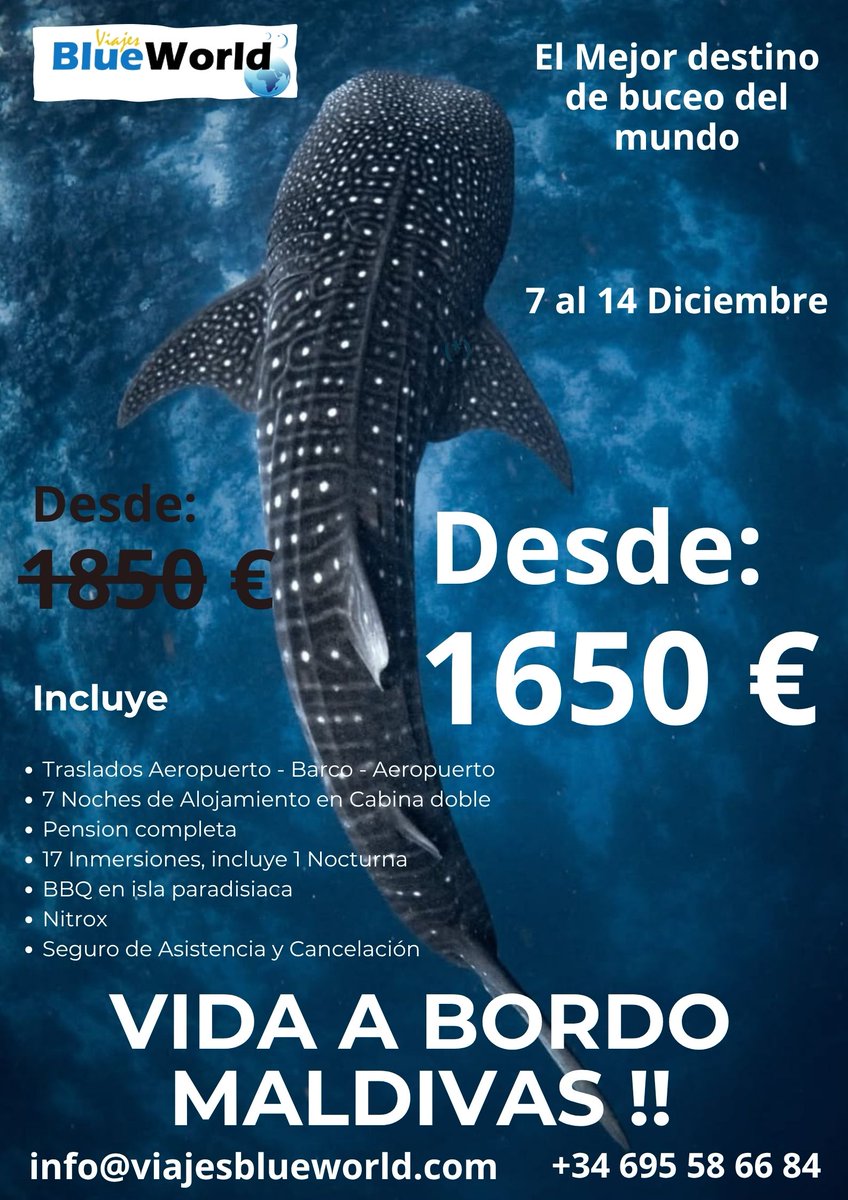 🌴 ¡Última llamada para Maldivas!   Del 7 al 14 de diciembre, vive el paraíso submarino en un crucero de vida a bordo. 🐠 Buceo diario, mantas, tiburones, arrecifes de ensueño. 💸 Oferta especial: 200 € de descuento en las últimas plazas. 👉 Escríbenos ya y asegura tu sitio.
