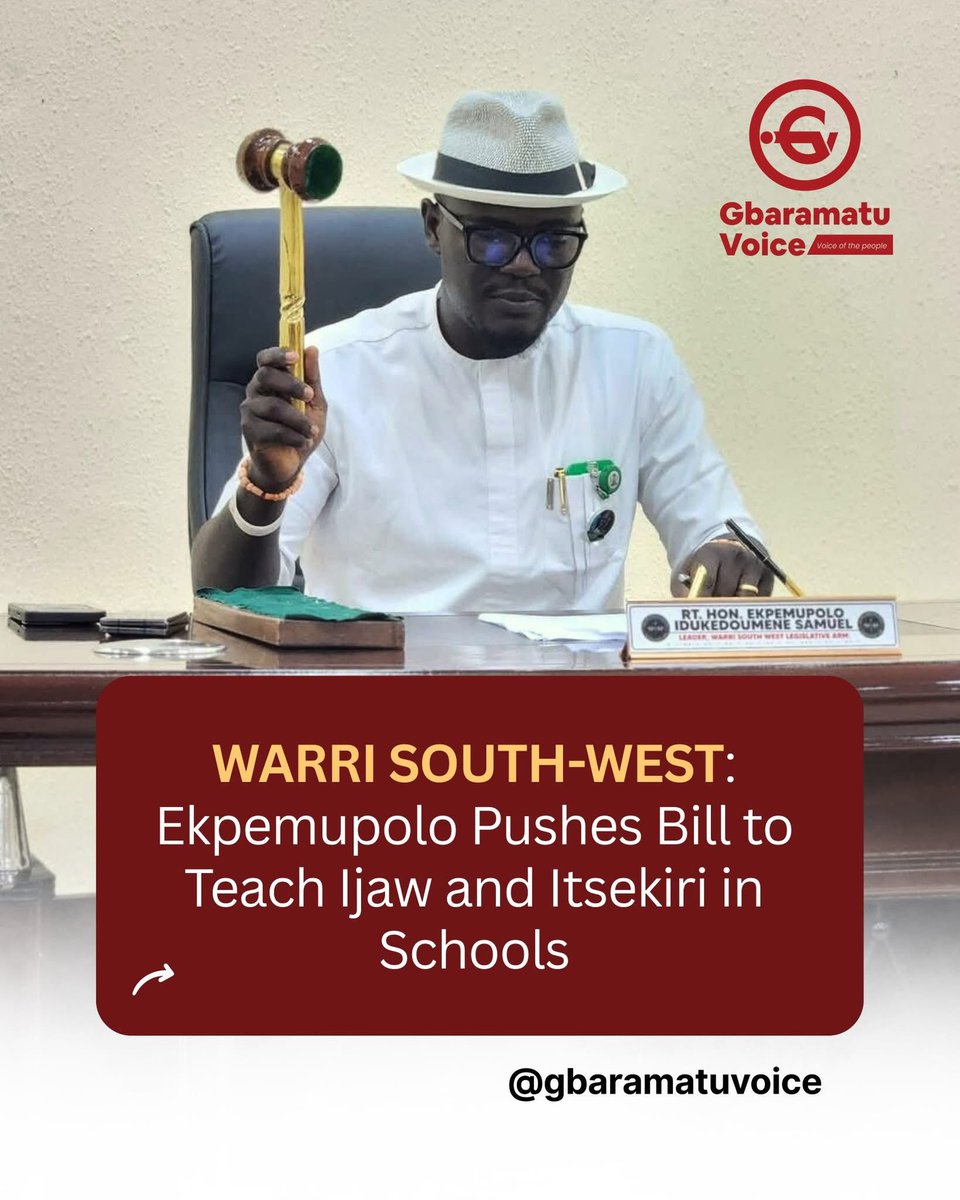 gbaramatuvoice's tweet photo. WARRI SOUTH-WEST: Ekpemupolo Pushes Bill to Teach Ijaw and Itsekiri in Schools

Rt. Hon. Ekpemupolo Idukedoumene Samuel, Leader of the Legislative Arm of Warri South-West Local Government Area (LGA), has presented a landmark bill to integrate Ijaw and Itsekiri languages into the curriculum of all primary schools, both public and private across the LGA.

The initiative is aimed at preserving indigenous languages, promoting cultural identity, and securing the educational future of children in the area.

In accordance with legislative procedure, Rt. Hon. Samuel temporarily stepped down as Presiding Officer, allowing the Deputy Leader, Rt. Hon. Erewa Charles, to oversee the proceedings while the bill was formally introduced. The gesture was praised by his colleagues as a demonstration of respect for due process and legislative ethics.

Under the proposed law, schools located in Ijaw communities will teach the Ijaw language, while schools in Itsekiri communities will teach Itsekiri. This ensures that children grow up fluent not only in English but also in their ancestral languages, preserving the culture, proverbs, and traditions of the community from an early age.

Speaking on the significance of the bill, Rt. Hon. Samuel highlighted the urgent need to protect indigenous languages, noting that many children today are unable to speak or understand their ancestral tongue. He said the legislation is designed to revive pride in local languages, strengthen cultural identity, and foster peaceful coexistence between the Ijaw and Itsekiri communities.

The bill is also expected to create employment opportunities for qualified language teachers and educational resource personnel, providing both cultural and economic benefits to local communities. Rt. Hon. Samuel described the legislation as “more than a bill; it is a legacy of unity, culture, empowerment, and inclusivity” for Warri South-West.

The proposed law is now under consideration by the House, and it is widely regarded as a significant step toward safeguarding the cultural heritage and educational development of the area’s younger generation.

#GbaramatuVoice #GbaramatuVoiceTV