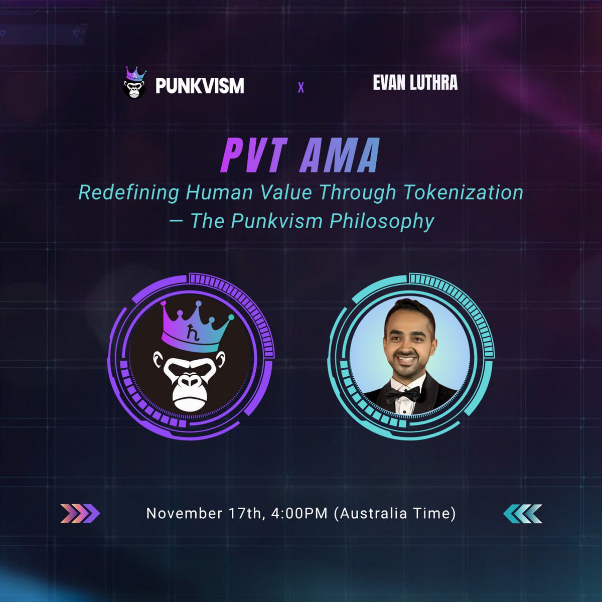 EvanLuthra's tweet image. I’m going live with @PUNKVISM team on Monday, 17 Nov at 4 PM Australia time.

Get your questions ready, this Space is going to be packed with value.

See you inside: