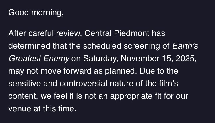 CANCELED: Charlotte’s Central Piedmont College <a href="/cpcc/">Central Piedmont Community College</a> just pulled my film screening on the US military for being “too controversial” - another school kowtows to fascism