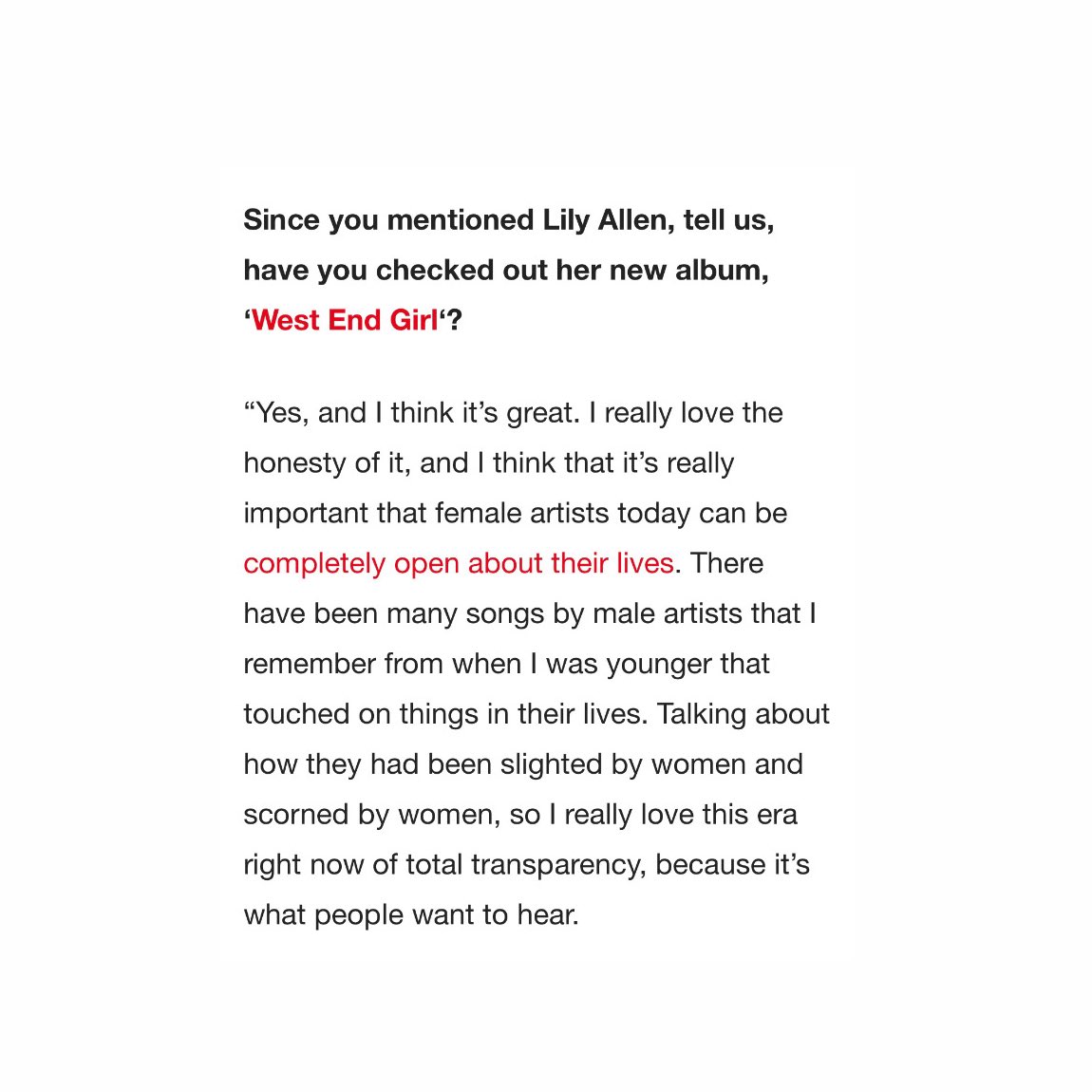 LilyAllenChart's tweet image. Ellie Goulding gushes about Lily Allen in her new GQ interview:

“I think [West End Girl] is great. I really love the honesty of it. l&apos;ve always had a lot of respect for her. I love that artists like Lily can have that chance to just put it out there. She’s a poet.”