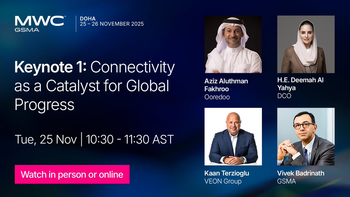 MWCHub's tweet image. Don&apos;t forget to check out our 4⃣ keynotes at #MWC25 Doha!

This is your chance to gain insights from key industry leaders from @ooredoo, @dcorg, @VEONGroup, @cohere, @stc, @Turkcell, @eAndGroup, @ZTEPress, @Microsoft &amp;amp; more!        

Add to your calendar 👉gsma.at/Vj