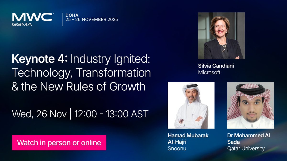 MWCHub's tweet image. Don&apos;t forget to check out our 4⃣ keynotes at #MWC25 Doha!

This is your chance to gain insights from key industry leaders from @ooredoo, @dcorg, @VEONGroup, @cohere, @stc, @Turkcell, @eAndGroup, @ZTEPress, @Microsoft &amp;amp; more!        

Add to your calendar 👉gsma.at/Vj
