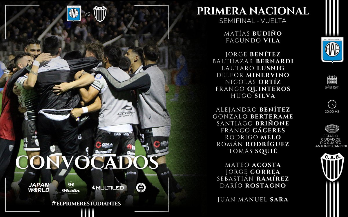 Convocados para visitar a Estudiantes de Río Cuarto ⚽️

Parte médico 🏥

🔻 Nicolás Barrera: se recupera de la tendinitis en el talón de aquiles de la pierna derecha.

🔻 Enzo Acosta: padece una contractura en el aductor derecho.

#ElPrimerEstudiantes