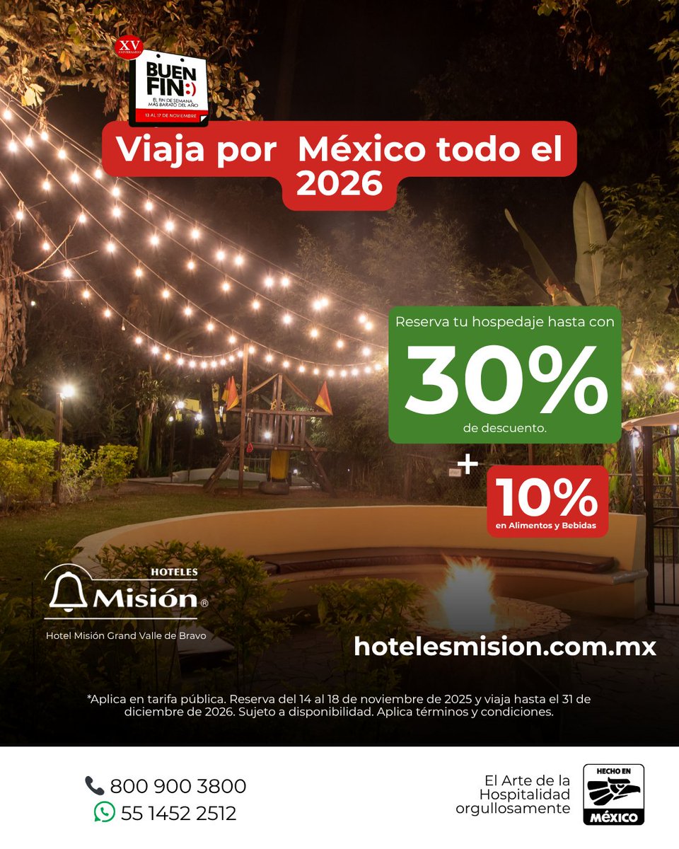 Este #BuenFin vas a querer viajar por todo México 🏨 Aprovecha y viaja lo que resta de 2025 y todo 2026.

🌐hotelesmision.com.mx 
📞800 900 3800
🤳🏽WhatsApp: 55 1452 2512
👩🏽‍💻Cotización a través de nuestro formulario: bit.ly/467rlp1

#HotelesMisión #ViajaConMisión