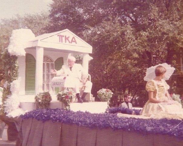 Tulane Homecoming Week and a flashback to my freshman year (1974). Colonel Sanders (of Kentucky Fried Chicken fame), rides down McAlister in the Homecoming Parade. I took this picture between Butler and Phelps.  Roll Wave.