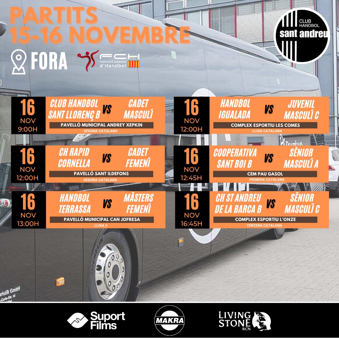 Horaris de FCH del cap de setmana del 15 i 16 de novembre! Força nois i noies!!🧡🖤🧡
#andreuencsgo #handbol #santandreu