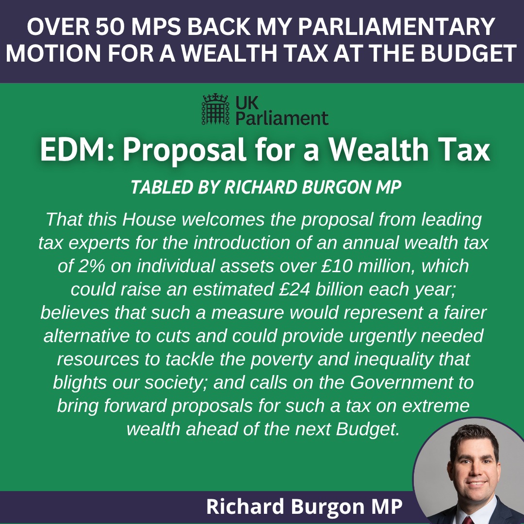 RichardBurgon's tweet image. BREAKING: Over 50 MPs have now backed my Parliamentary Motion for a Wealth Tax. 

A 2% tax on assets over £10 million would raise £24 Billion a year.

At the Budget, we need to tax extreme wealth - not ordinary people.