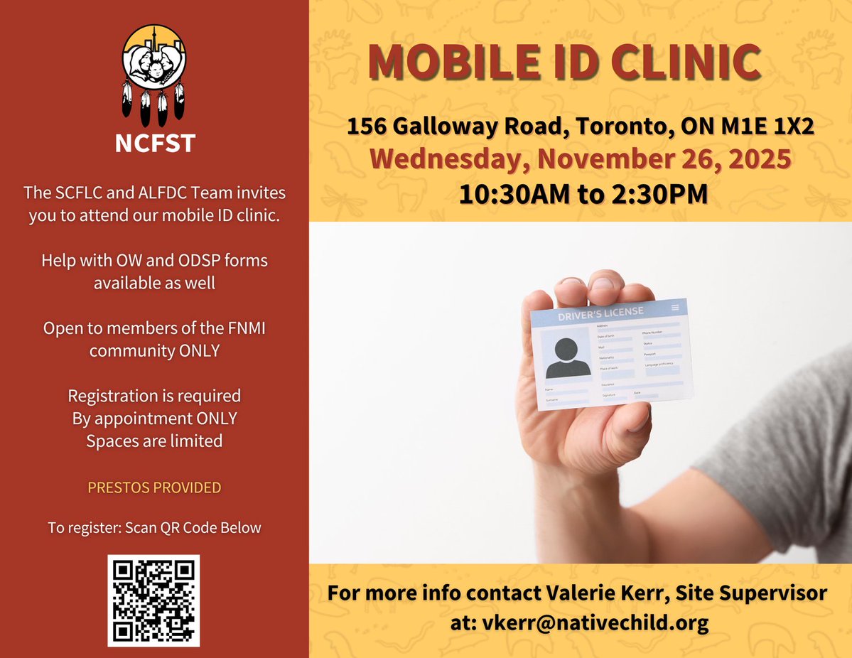 The SCLFC and ALFDC team invites you to attend a mobile ID clinic at 156 Galloway Road on November 26, 2025. This clinic is being offered to Indigenous (FNIM) community members. Registration is required. See flyer for details!

@scflc_house_of_giizhik