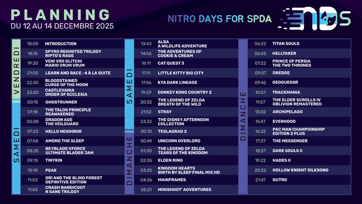 Nitro_Speedrun's tweet image. 📢 Voici le planning pour les Nitro Days for SPDA !

Des runs, des races, de la coop, du randomizer, des émissions, un planning bien varié pour un beau week-end du 12 au 14 décembre !

En faveur du refuge SPDA et les petits animaux mis à l'honneur ici 🐶🐱

👇 Liens et infos ici: